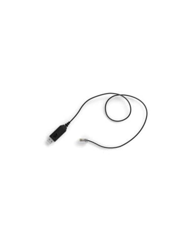 Black EPOS USB-RJ9 01 headset adapter featuring a USB connector and an RJ9 connector, with a flexible cable for easy connectivity.