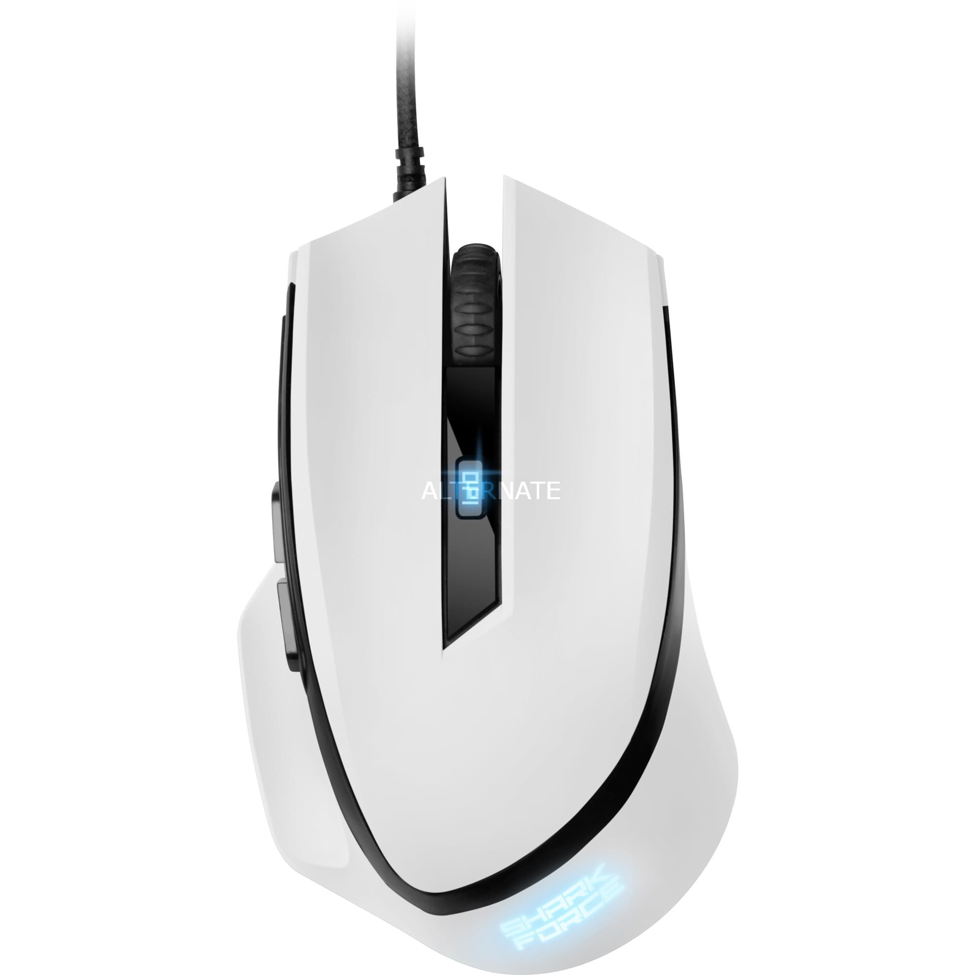 White right-handed gaming mouse with a sleek design, featuring an optical sensor, scroll wheel, and blue LED lighting, connected via a USB Type-A cable.