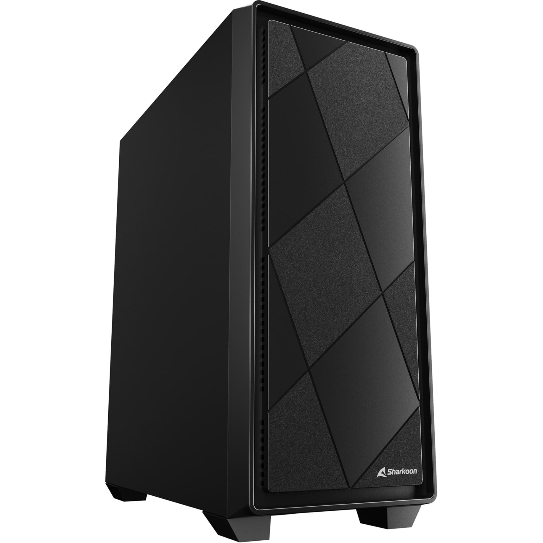 Black MIDI tower case with a textured front panel featuring a diamond pattern, sleek design, and sturdy construction, designed for efficient airflow and cable management.