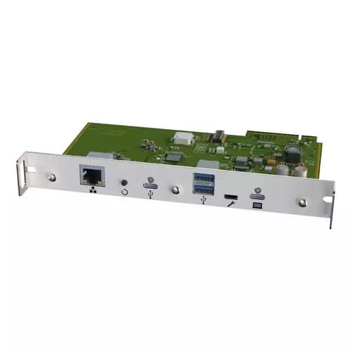 Sharp 100016191 Interface Hub in metallic silver with a green circuit board, featuring ports for Ethernet, USB, and other connections.