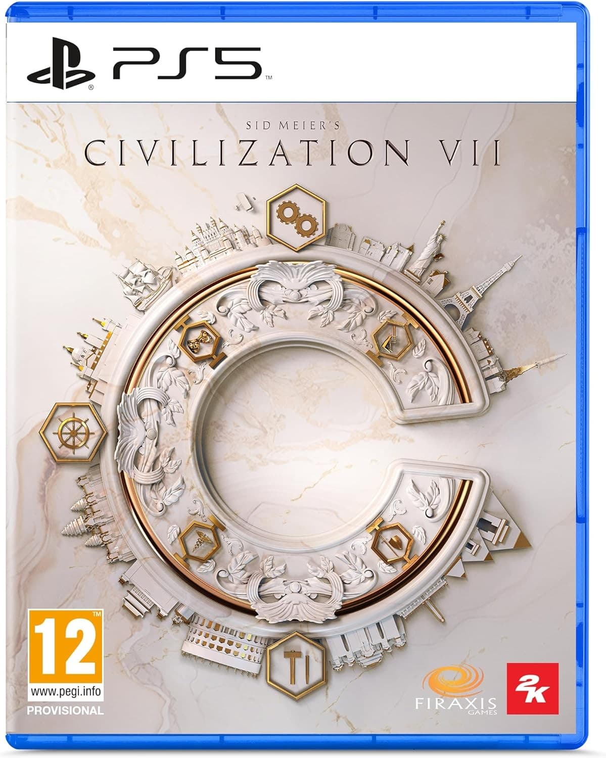 Civilization VII Standard Edition for PS5 features a blue case with a prominent gold and white "C" logo, intricate designs, and iconic landmarks in the background.
