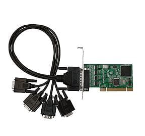 Green circuit board PCI interface card with a metal bracket, featuring four black RS-232 ports and a cable with multiple connectors for serial communication.