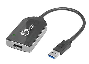 Black USB graphics adapter with a sleek design, featuring a green LED indicator, a USB 3.0 connector, and an HDMI output port.