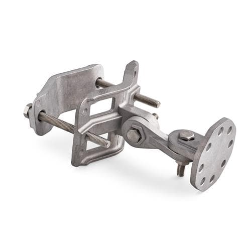 SilverNet TILT and SWIVEL 3 AXIS MOUNTING BRACKET in silver metal, featuring adjustable arms, a circular mounting plate with multiple holes, and sturdy bolts for secure installation.