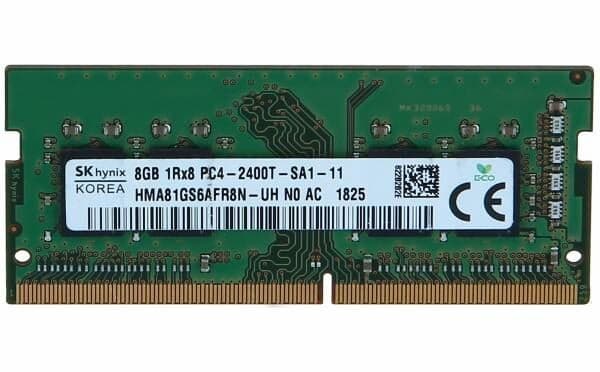 Green circuit board with gold connectors, featuring a white label displaying "SK Hynix 8GB 1Rx8 PC4-2400T-SA1-11 HMA81GS6AFR8N-UH NO AC" and various certification marks.