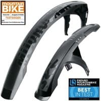Black SKS Mudrocker Front & Rear Mudguard Set with sleek design and bold logo, suitable for mountain bikes.