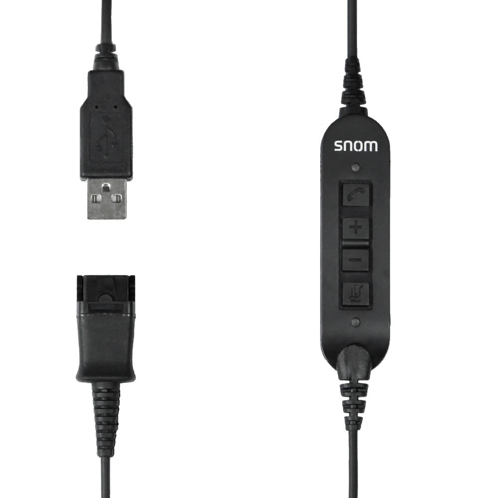 Black Snom ACUSB USB adapter cable featuring a control unit with three buttons, connecting A100M/D headsets to Snom landline telephones with USB ports.