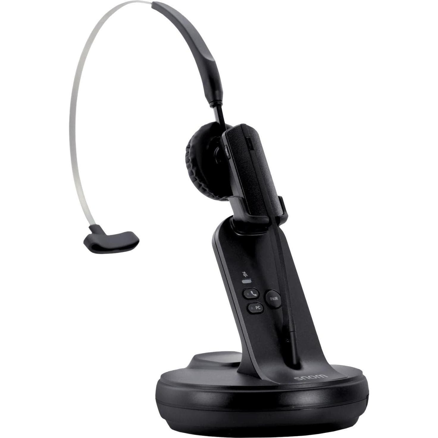 Snom A170C headset in black, featuring a lightweight design, adjustable microphone boom, and a sleek charging base with control buttons on the side.