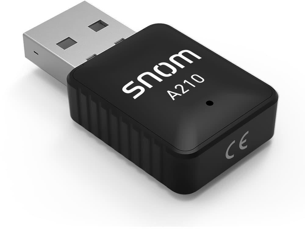 Compact black USB adapter labeled "Snom A210," designed for WLAN connectivity with a speed of 433 Mbit/s, featuring a textured surface and CE marking.