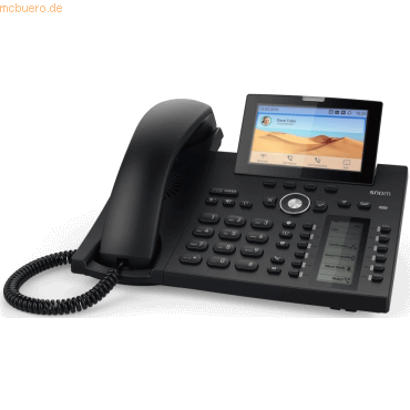 Black Snom D385N IP phone featuring a 12-line TFT display, a sleek design, a numeric keypad, and a coiled handset for easy communication.