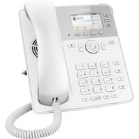 White Snom D717 IP phone with TFT display, numeric keypad, and coiled handset cord.