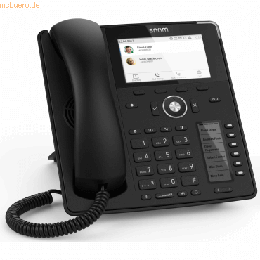 Black Snom D785N IP phone featuring a 12-line TFT display, a numeric keypad, programmable keys, and a sleek design with a coiled handset.