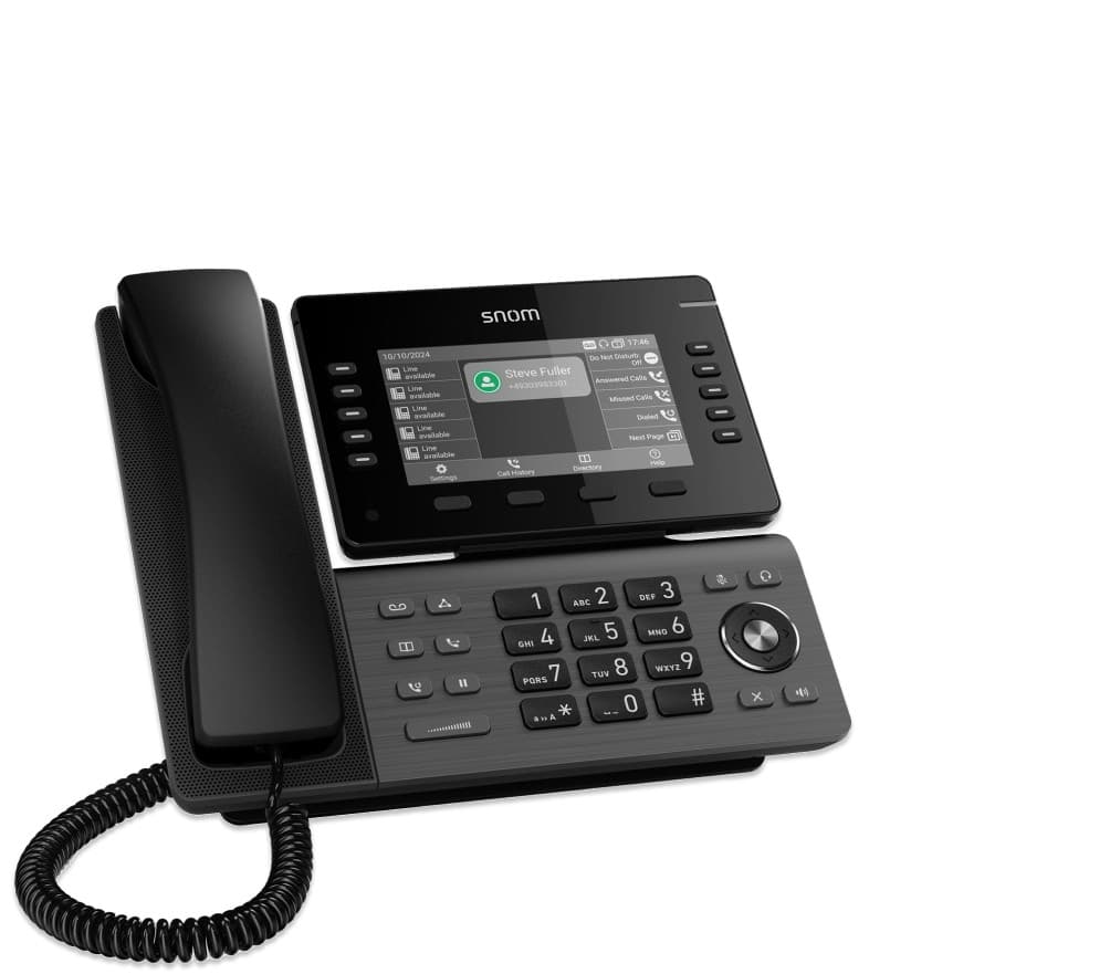 Black Snom D815W IP phone featuring a TFT display, Wi-Fi capability, a sleek design, and a numeric keypad with function buttons on the side.