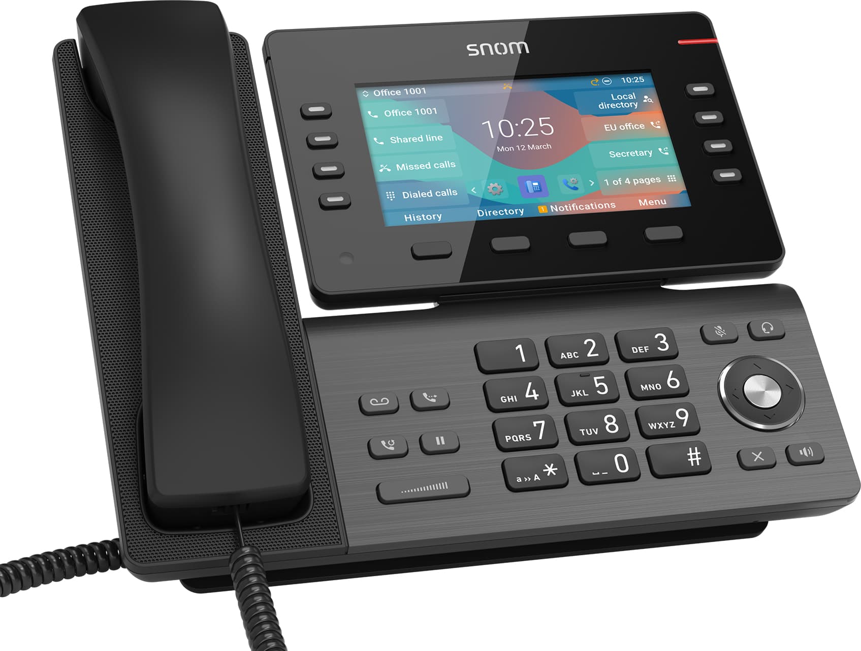 Snom D862 phone featuring a sleek black design, a large color display, eight programmable function keys, and a traditional handset with a coiled cord.