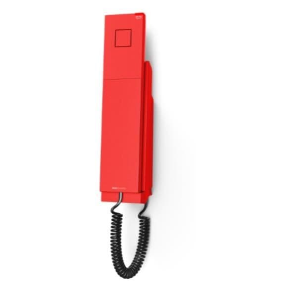 Bright red Snom E303 analog telephone with a sleek design, featuring a square keypad and coiled black handset cord.