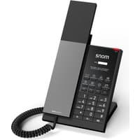 Black Snom HD350A IP phone with sleek handset, numeric keypad, LCD screen, and coiled cord.