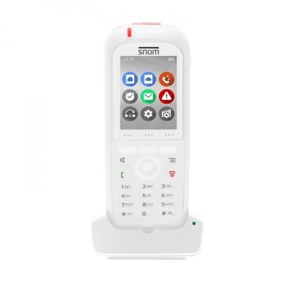 White Snom M90 DECT telephone handset featuring a color display with icons, a numeric keypad, and a sleek design, resting on a charging dock.