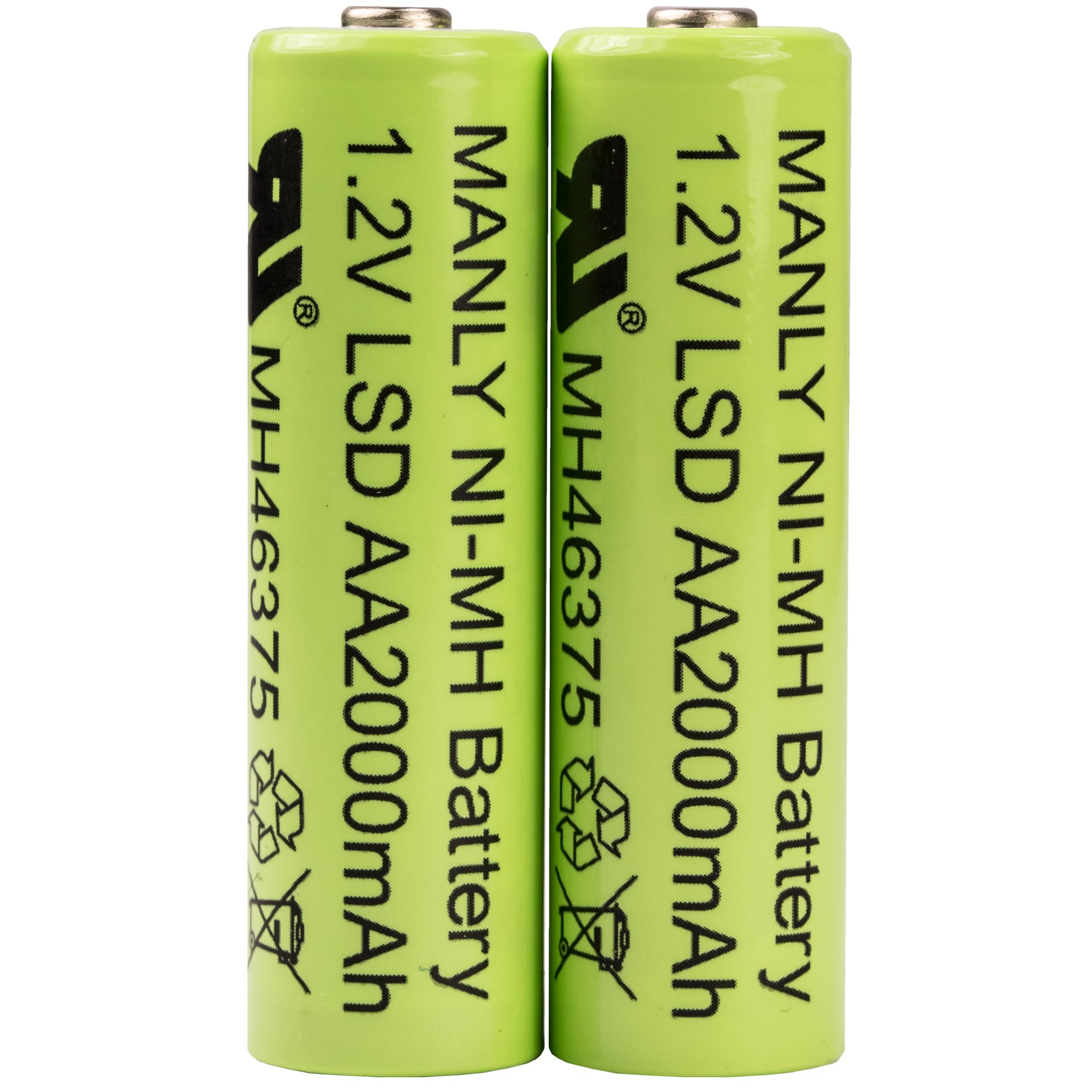 Two bright green rechargeable Ni-MH AA batteries labeled "MANLY" with specifications of 1.2V and 2000mAh capacity, featuring safety symbols and a barcode.