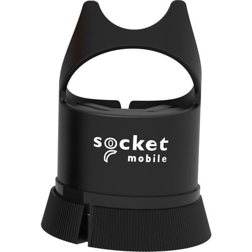 Black plastic barcode reader accessory with a circular base and an open top design, featuring the "socket mobile" logo prominently displayed on the front.