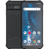 Black Sonim XP400 smartphone with 6.5" screen, rugged design, textured back, and dual rear cameras.