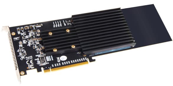 Sonnet SSD M.2 4x4 Silent PCIe Card featuring a black PCB, aluminum heatsink, multiple M.2 slots, and gold connectors for enhanced performance and cooling.