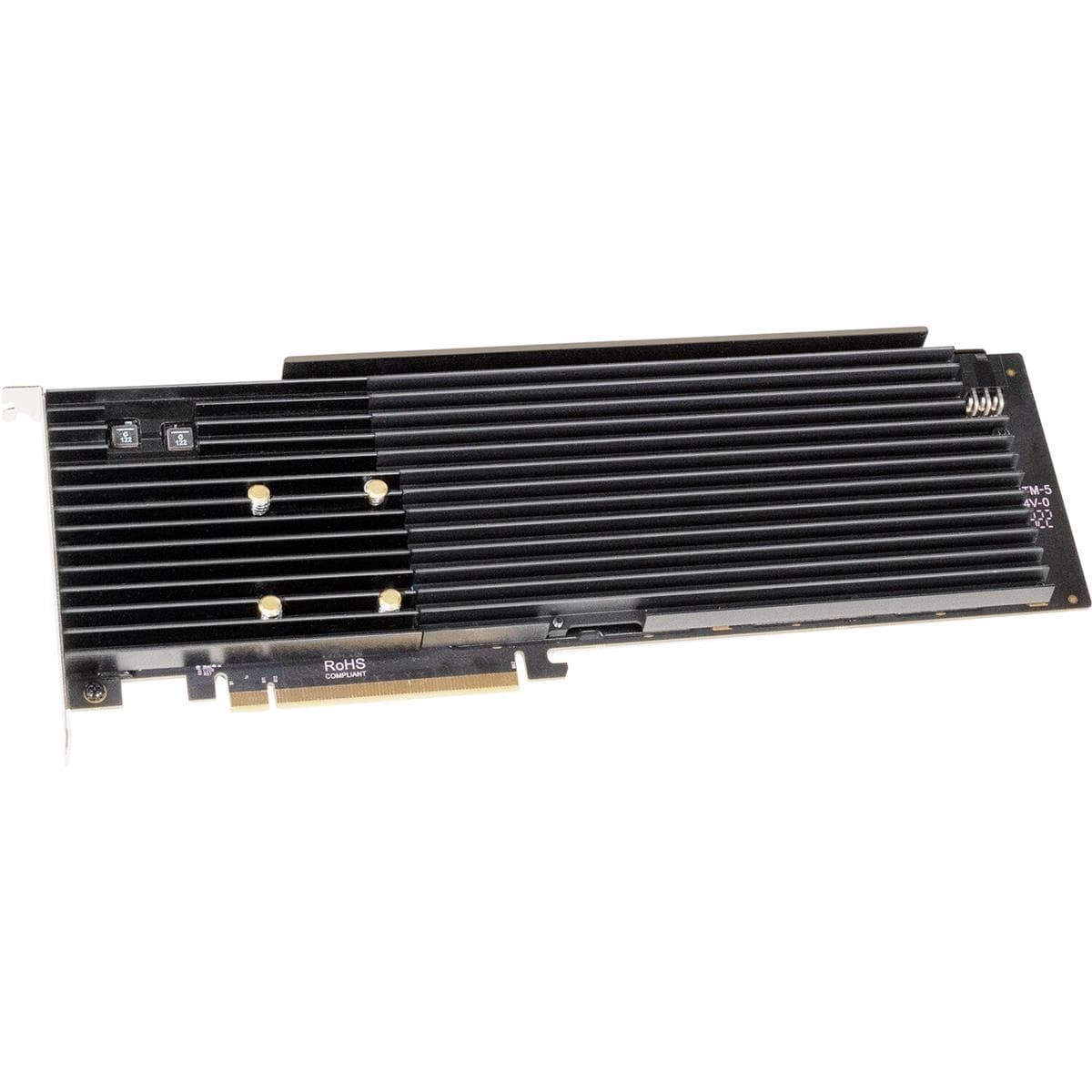 Sonnet FUS-SSD-8X4-E4S M.2 PCIe 4.0 X16 card featuring a sleek black aluminum heatsink with multiple M.2 slots for SSDs and a low-profile design for efficient cooling.