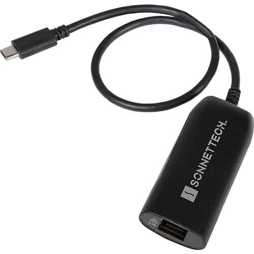 Black USB-C 2.5Gb Ethernet adapter with a short cable, featuring the Sonnet logo prominently on the side and an Ethernet port on the opposite end.