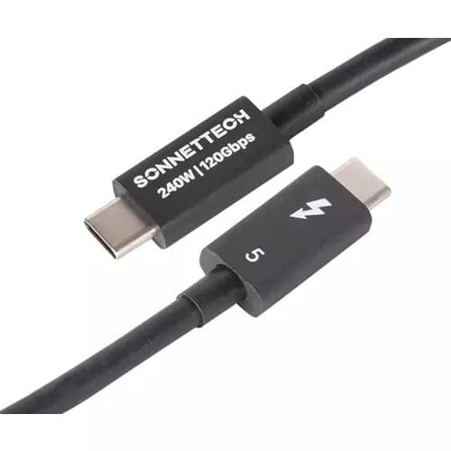Black Thunderbolt cable featuring USB-C connectors on both ends, labeled with "SONNET" and a lightning bolt symbol, designed for high-speed data transfer up to 80 Gbit/s.