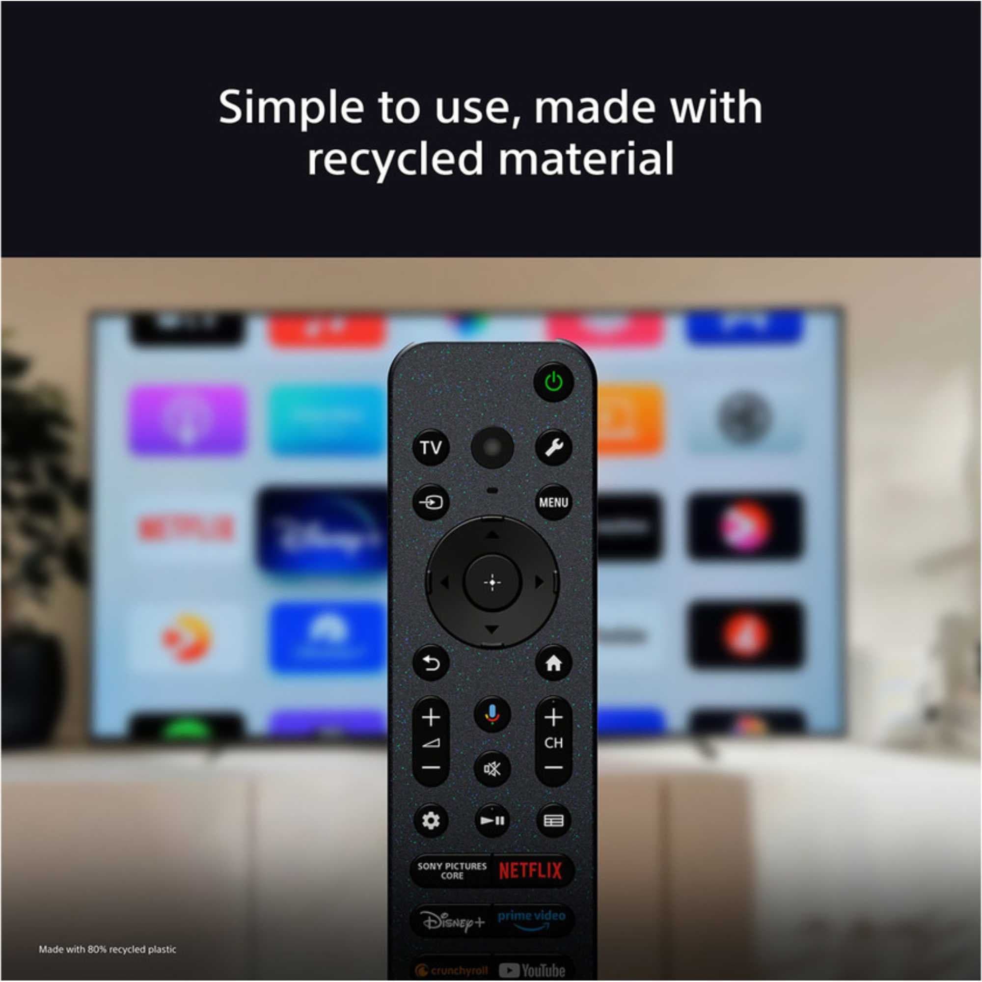 50" 4K Ultra HD HDR Smart Google TV by Sony, featuring a sleek design with a remote control made from recycled materials, showcasing vibrant app icons on the screen.