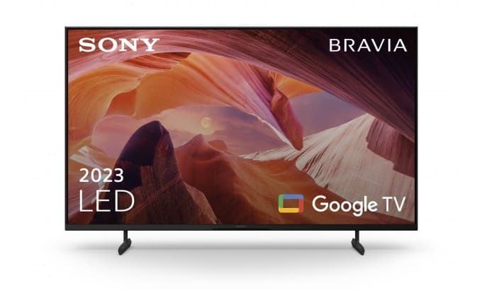 Sony FWD-50X80L 50" 4K Ultra HD Smart TV in black with a sleek design, featuring a vibrant display showcasing a colorful landscape and Google TV integration.