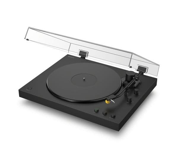 Fully automatic belt drive turntable in pure black, featuring a transparent dust cover, control knobs, and a sleek design for wireless Bluetooth playback.