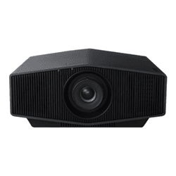 Sony VPL-XW5000 projector in sleek black design, featuring a prominent lens at the center, ventilation grilles on the sides, and a modern, angular shape.