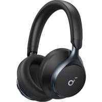 Black Soundcore Space One headset with cushioned ear cups and adjustable headband, featuring Bluetooth connectivity.