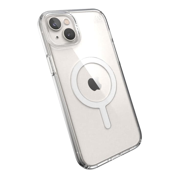 Clear and white Presidio Perfect-Clear MagSafe case for iPhone 14 Plus, featuring a transparent design with a circular MagSafe magnet on the back.