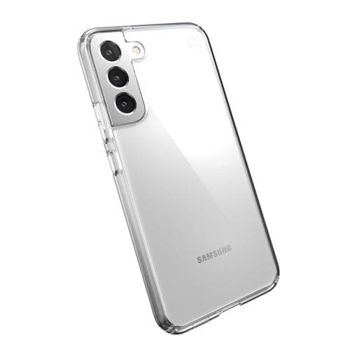 Clear, flexible case for Samsung Galaxy S22+, featuring precise cutouts for camera and buttons, with a glossy finish that highlights the phone's design.