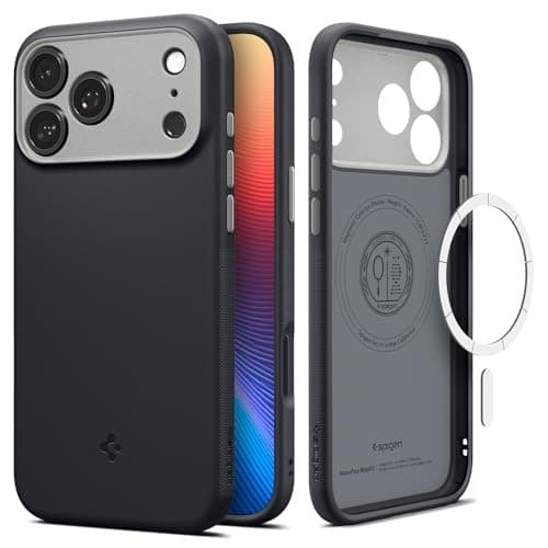 Black mobile phone case designed for 6.9" devices, featuring a sleek matte finish, precise cutouts for camera and buttons, and a durable protective design by SPIGEN.