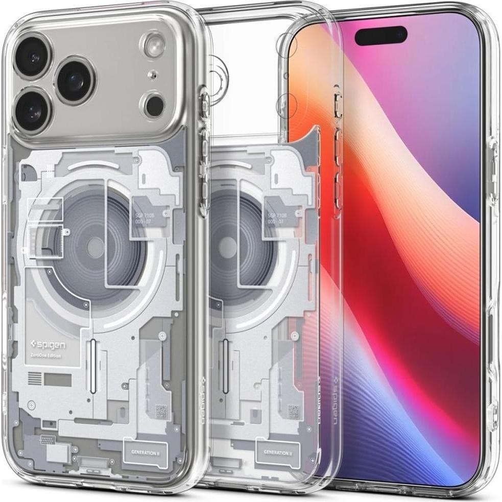 Clear mobile phone case by Spigen, featuring a white design with a unique, textured back and precise cutouts for camera and buttons, suitable for devices up to 6.9 inches.