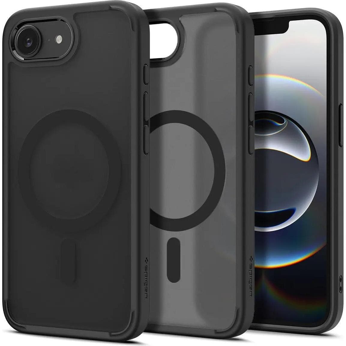 Spigen Crystal Hybrid MagFit case for iPhone 16e in Frost Black, featuring a transparent back, matte edges, and a circular MagSafe alignment area.