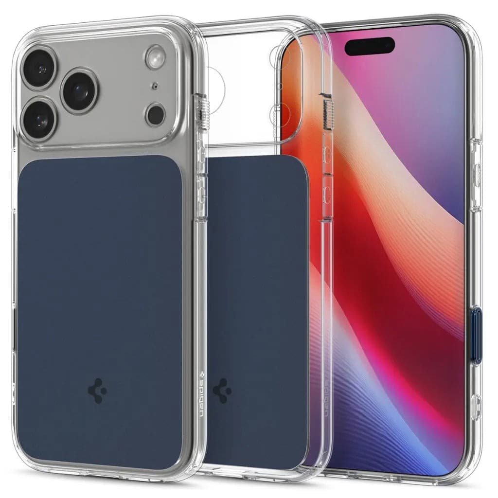 Clear, flexible mobile phone case with a navy blue back panel, designed for MagFit compatibility, showcasing precise cutouts for camera and buttons, suitable for 6.9" devices.