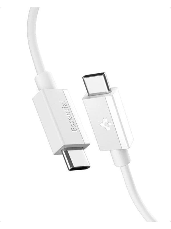 White 1M USB cable featuring USB-A and USB-C connectors, made of durable material, with "Essential" branding on the USB-C side, designed for 60W charging.