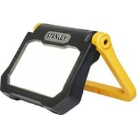 Black and yellow Stanley 1500 Lumens rechargeable LED worklight with a foldable stand and rectangular light panel.
