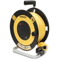 Yellow and black Stanley 6 socket open drum cable extension reel with USB ports and a sturdy handle.