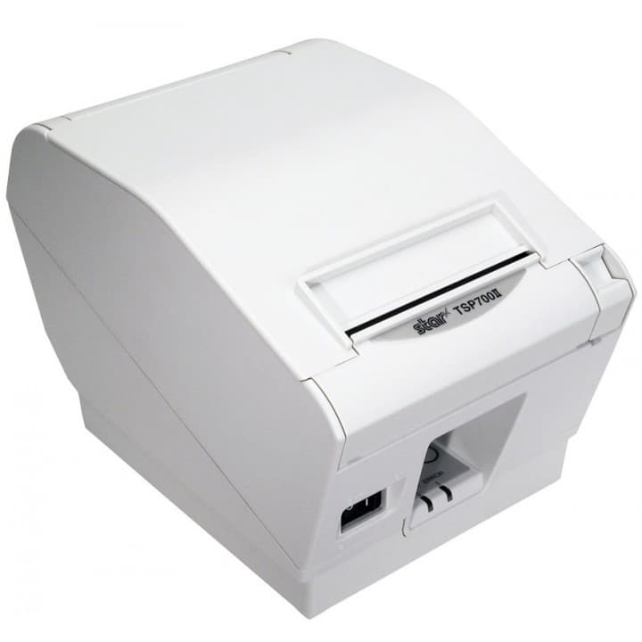 White direct thermal label printer with a compact design, featuring a top loading slot and USB connectivity, labeled "TSP743U II" for easy identification.