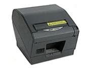Black direct thermal POS printer with a compact design, featuring a paper output slot, control panel, and a yellow caution label on top.