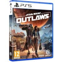 PS5 game "Star Wars Outlaws" by Ubisoft, cover art with characters, spaceships, and a planet in the background.