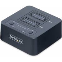 Black StarTech.com M.2 NVMe Drive Duplicator with two slots, LED indicators, and control buttons on top.