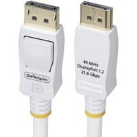 White StarTech.com 10ft DisplayPort 1.2 cable, VESA certified, 4K 60Hz, 21.6 Gbps, with gold-plated connectors.