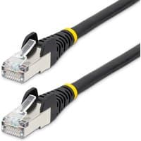 Black StarTech.com 10m CAT6a Ethernet cable with metal connectors and yellow accents, low smoke zero halogen design.