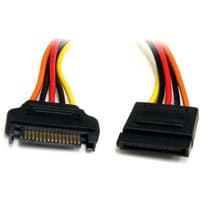 Black StarTech.com 12in 15 pin SATA power extension cable with red, yellow, and black wires.
