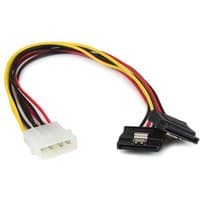 Black and red LP4 to dual SATA power splitter cable with white 4-pin connector and two black latching SATA connectors.